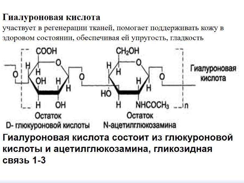 Гиалуроновая кислота  участвует в регенерации тканей, помогает поддерживать кожу в здоровом состоянии, обеспечивая